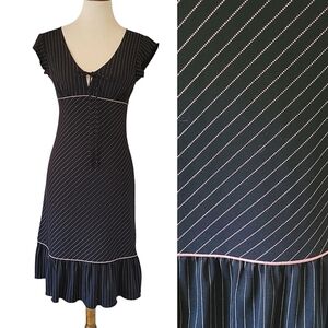 90's Black and Pink Stripe Empire Waist Cap Flutter Sleeve‎ Midi Dress